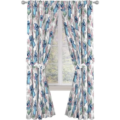 Jay Franco Window Curtains for Kids Bedroom 4-Piece Drape Set with 2 Tiebacks, Multi - Lilo & Stitch, 42" W x 84" L (Pack of 2)