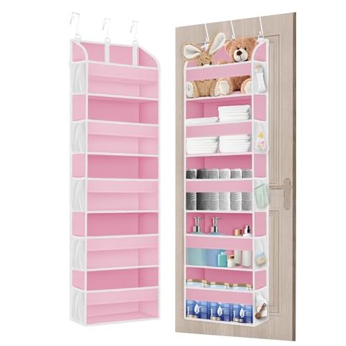 TAHAVICE Pink Over the Door Organizer - 5-Tier Hanging Storage with Clear PVC Windows & 10 Mesh Pockets, Cute Closet Organizer for Makeup, Perfume, Toys, Perfect Pink Room Decor for Girl