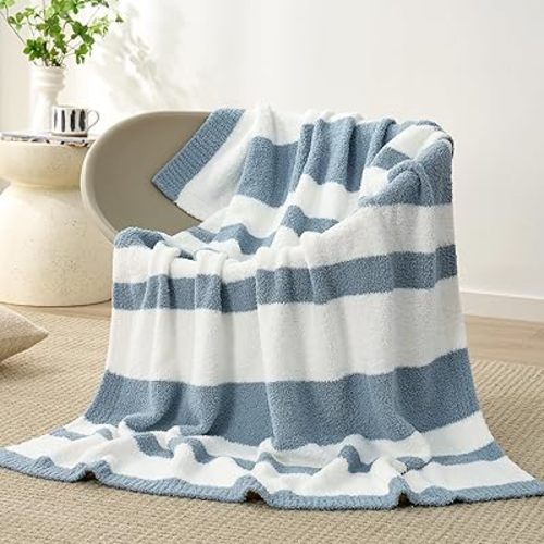 Snuggle Sac Blue Striped Throw Blanket, 50x60 Soft Reversible Fuzzy Knit Throw for Couch, Sofa, Bed, Travel, Cozy Plush Microfiber Blanket for Women & Gift Giving