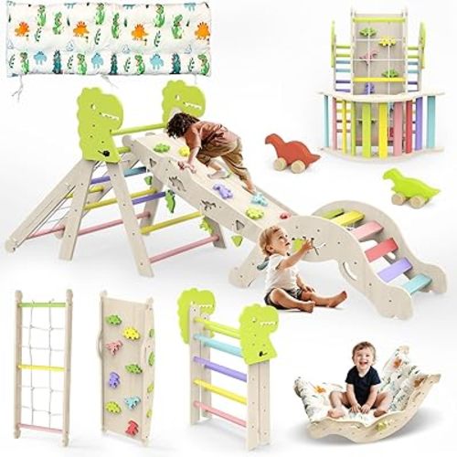 Pikler Triangle Set with Cushion, 12 in 1 Toddler Montessori Toys Indoor Baby Climbing Gym Pikler Triangle Climbing Set Wooden Toy Climbing Rope Ladder, Shape Sorter, Push Car 【Dinosaur Toys】