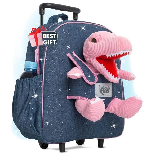 Toddler Luggage w Pink Dinosaur Toys, Kids Rolling Backpack for Girls, Boys, Toddler Suitcase, Gifts for 3 4 5 6 Year Old