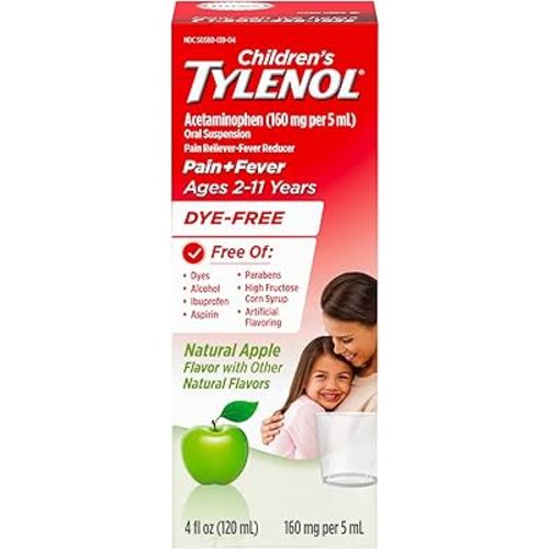 Children's Tylenol Liquid Pain Relief & Fever Medicine, Acetaminophen Oral Suspension, Free of Dyes, Aspirin, Ibuprofen, High Fructose Corn Syrup; Natural Apple Flavor, 4 fl. Oz