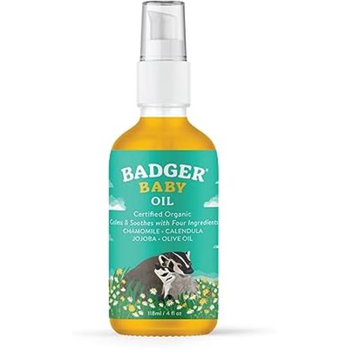 Badger Baby Oil, 100% Organic Ingredients to Soften & Moisturize Dry Skin or Cradle Cap, Soothing Vegan Organic Baby Oil, 4 fl oz Glass Bottle