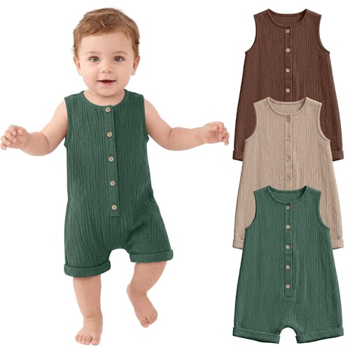 Halfchet 3 Pack Baby Boys Jumpsuit Cotton Newborn Romper Sleeveless Button Infant Playsuit Summer Outfit Clothes 0-24M