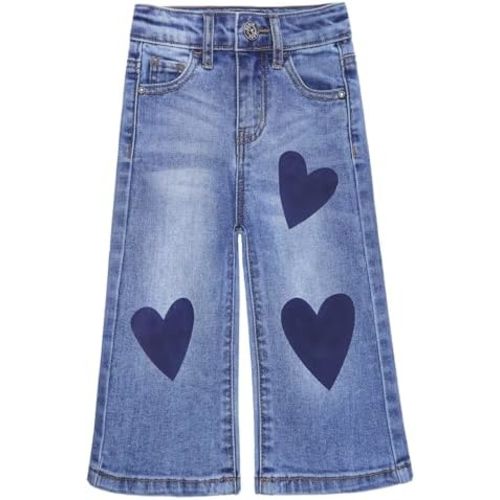KIDSCOOL SPACE Baby Girsl Wide-Leg Jeans,Heart-shapped Leather Decoration Denim Pants