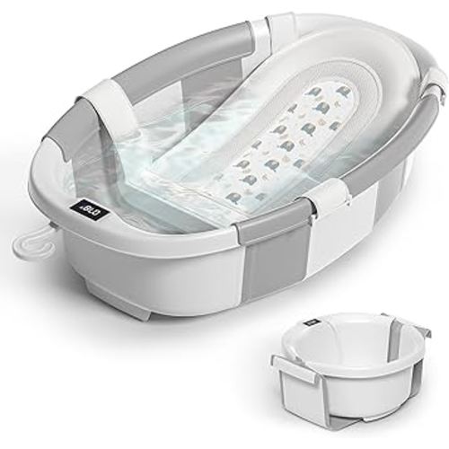 Collapsible Baby Bathtub for Newborn to Toddler 0-36 Months,Spacious Foldable Infant Bath Tub with Thermometer,Cushion & Drain Hole,Portable Travel Tub, Baby Shower Gift Grey