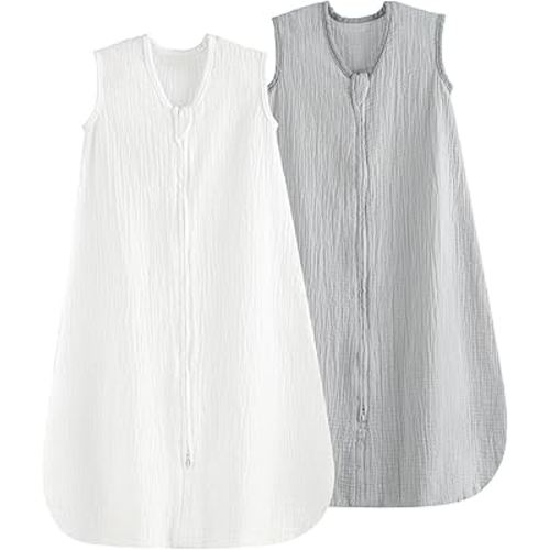 PHF 100% Muslin Cotton Baby Sleep Sacks, 0-6 Months Sleep Sack with 2-Way Zipper, 2 Pack Cooling Unisex 0.5 TOG Breathable Small Size Sleeveless Baby Wearable Blanket, White & Grey