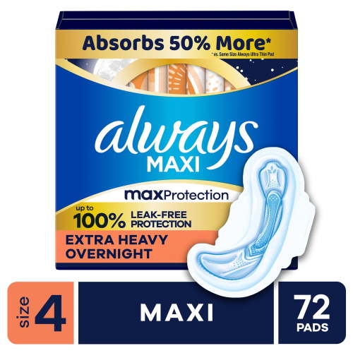 Always Maxi Overnight Pads with Wings for Women, Size 4, Overnight Absorbency, Unscented, 72 Count