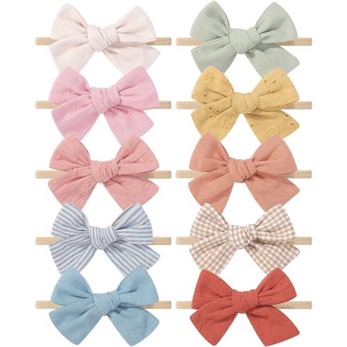 doboi 10PCS Baby Girls Headbands Hair Bows Nylon Cotton Linen Hairbands Handmade Hair Accessories for Newborn Infant Toddlers Little Girl and Kids 3.5Inches