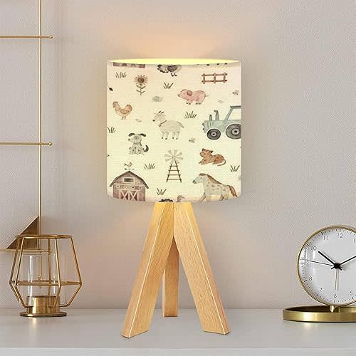 Tripod Table Lamp Watercolor Seamless Farm Animals Modern Bedside Dimmable Desk lamp Wooden Base Fabric Lampshade for Kids Room, Nursery, Bedroom, Living Room