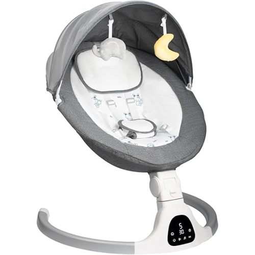Electric Baby Swing for Infants, 5-Speed Adjustable Swing with Bluetooth Music, Timer, 5-Point Harness and Stable Base for Supervised Daytime Use (Grey)