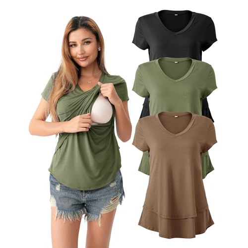 SUNNYBUY 3 Pack Hidden Nursing Tops for Breastfeeding Women Double Layer V Neck Maternity Shirts Postpartum Tee