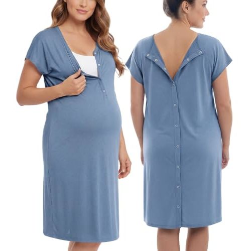 PATPAT Maternity Labor and Delivery Gown, Womens Hospital Gown with Pockets | Pregnancy through postpartum, soft fabric, full back opening for checks, easy nursing access, skin-to-skin, side pockets