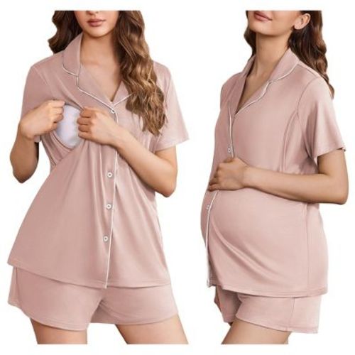 Ekouaer Women's Maternity Nursing Pajama Sets Button Down Postpartum Pajamas Short Sleeve Breastfeeding Clothes&nbsp;Pink&nbsp;S