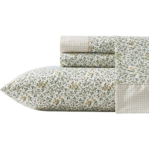 Laura Ashley – Twin Size Sheet Set, Crisp & Lightweight Cotton Percale Bedding with Fitted Sheet and Pillowcase, Floral Room Decor, Deep Pocket, College Dorm Room Essentials (Tierney Green)