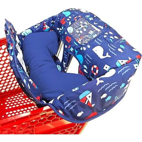 Soft Pillow Attached 2-in-1 Shopping Cart and High Chair Cover for Baby, Cotton Padded Cart Cover, Fold'n Roll Style, Portable with Carry Bag (Navy Blue Whale)