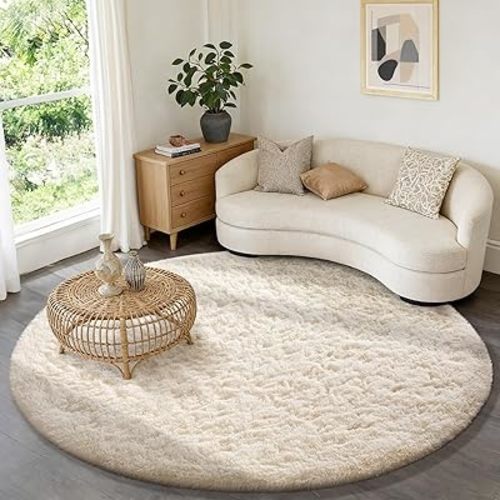 Ophanie Round Rugs 6Ft Ivory Circle Area Rug, Aesthetic Room Decor, Fluffy Fuzzy Bedroom Carpet, Plush Soft Shaggy Cream Living Room Rugs for Kids Home Decor, Nursery