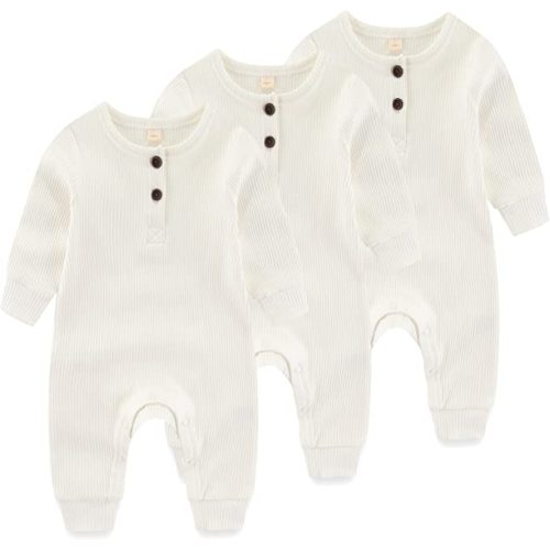IADOER Newborn Baby Boys Girls One Piece Romper With Mitten Cuffs 3 Pack Long Sleeve Ribbed Button Jumpsuit Outfit Clothes - White - 3 months