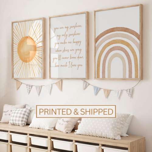 Boho Nursery Wall Art, You are my Sunshine Quote Poster, Sun Set of 3 Nursery Mailed Prints, Neutral Baby Room Decor, Rainbow Art