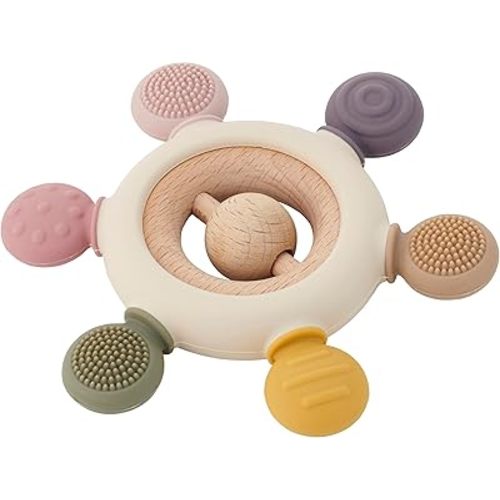 tickit Silisoft Rattle Teether | Sensory Baby Teether with Textured, Food-Grade Silicone and Natural Beechwood | Removable Wooden Rattle for Teething Relief and Development