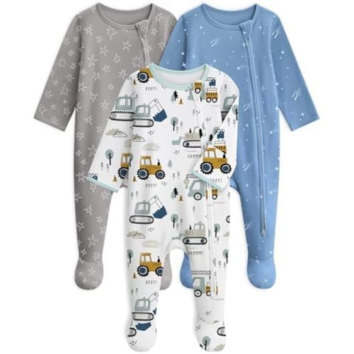 Baby Pajamas 100% Cotton Baby Sleepers Baby Boys Clothes 3Pack Soft Footed PJs Blue & White Car