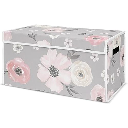 Sweet Jojo Designs Grey Watercolor Floral Girl Small Fabric Toy Bin Storage Box Chest For Baby Nursery or Kids Room - Blush Pink Gray and White Shabby Chic Rose Flower Farmhouse