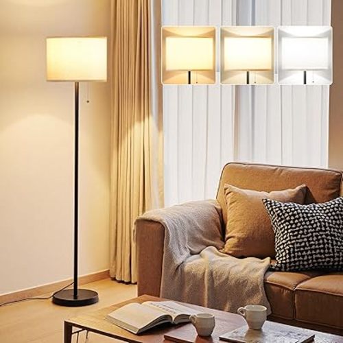Ambimall Modern Standing Floor Lamp for Living Room & Bedroom with 3 Color Temperatures Bulb & Pull Chain Switch, 60" Tall with Beige Shade & Black Pole
