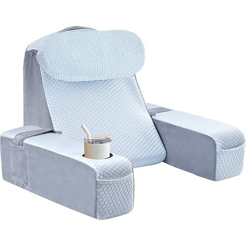 Reading Pillow for Adults, Back Pillow for Bed Sitting Up, Backrest Pillow for Sitting in Bed, Detachable Arms with Built-in Cup & Phone Caddy (White Cooling - Polka, 21 INCH)