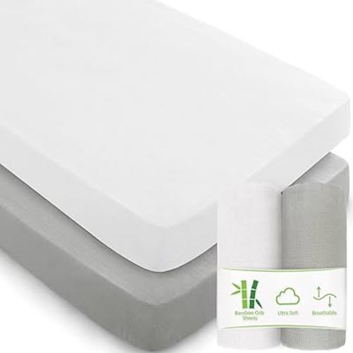 Muslin Crib Sheets for Boys and Girls 2 Pack, Ultra Soft Muslin Fitted Baby Crib Sheet for Standard Crib Mattress & Toddler Bed Mattress, Grey & White