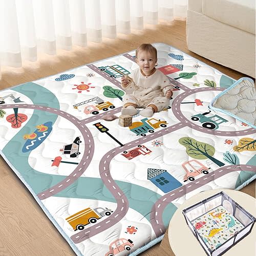 Baby Play Mat, 47x47 Play Mat for Playpen, Thick Soft Cushioned Baby Mat for Floor, Non-Slip Car Play Mats, Washable Baby Playmat for Babies Toddlers Infants Activity & Tummy Time (Car,47x47)