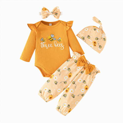 NOLDARES Newborn Baby Girls Clothes Infant Fall Winter 3pcs Outfits Long Sleeve Ribbed Romper Floral Pants Headband Sets,Orange,0-3 M