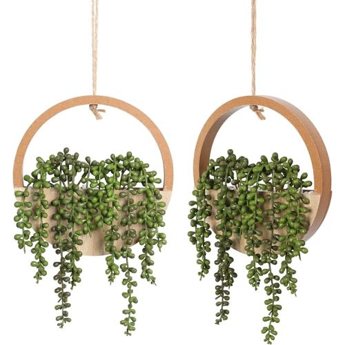 Floweroyal 2pcs Artificial Succulents Hanging Plants 12.2'' Fake String of Pearls in Pot with 8.3'' Lanyard for Indoor Outdoor Wall Decor（Wood Color）.