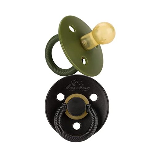 Itzy Ritzy Natural Rubber Newborn Pacifiers (Set of 2) – Baby Pacifiers with Cherry-Shaped Nipple & Large Air Holes for Added Safety; Set of 2 Binkies in Camo & Midnight (Ages 0 – 6 Months)