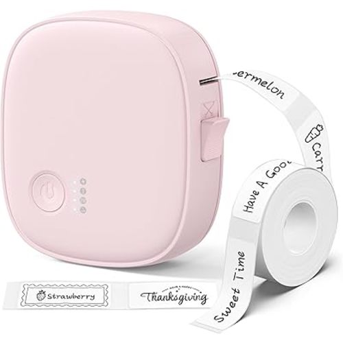 Mini Label Maker Machine with Tape AH-P05 - Portable Bluetooth Mini Label Printer, Wireless Thermal Label Maker, Waterproof & Rechargeable, Built-in Cutter, for Home, Office, Kitchen - Pink