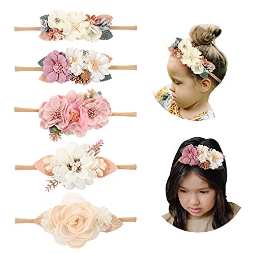 Cinaci 5 Pack White Pink Delicate Rose Flower Nylon Headbands Floral Hair Bows Daisy Flowers Headband Elastic Hair Bands Easter Christmas Hair Accessories for Baby Girls Newborns Infants Toddlers Kids