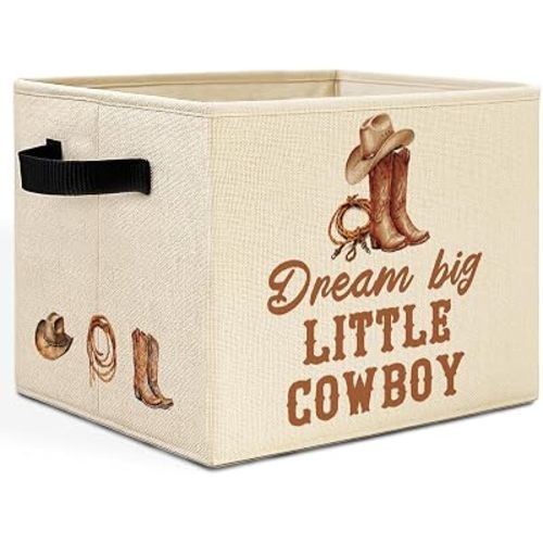Western Cowboy Nursery Storage Bins Box with Handles, Dream Big Little Cowboy Southwestern Laundry Basket Hamper Collapsible Clothes Toys Organizer for Boys Kids Room Bathroom