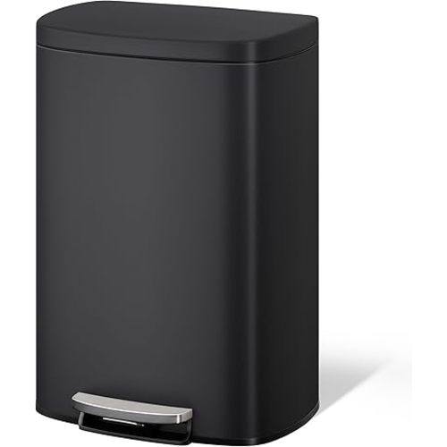 Garvee 13 gal / 50 L Metal Kitchen Trash Can with Lid, Large Rustproof Garbage Can for Kitchen, Step-on Trash Bin with Inner Bucket, Rear Handle, Soft Close Lid, Black