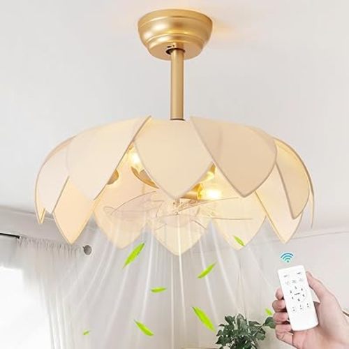 ainqiant 20" Gold Fandelier Ceiling Fans with Lights,Flower Chandelier Ceiling Fan with Light and Remote Control, Boho Fandelier with 6 Speeds for Bedroom, Nursery, Living Room