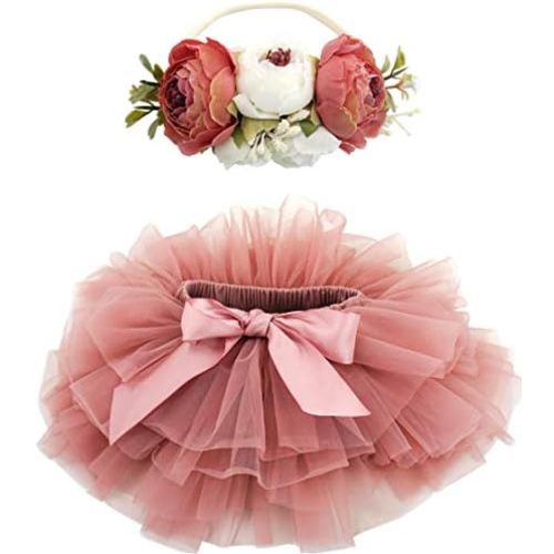 BGFKS Baby Girls Soft Fluffy Tutu Skirt with Diaper Cover,Toddler Girl Tutu Skirt Sets with Flower Headband.