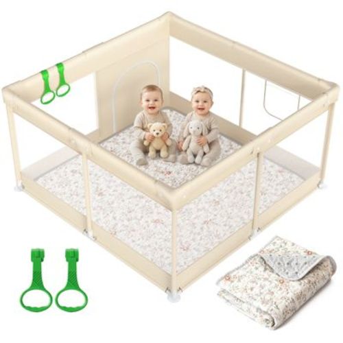 Fodoss Baby Playpen with Cotton-Padded Mat, 47 x 47 Inch Playpen for Babies & Toddlers, Indoor & Outdoor Safety Fence (yellow)