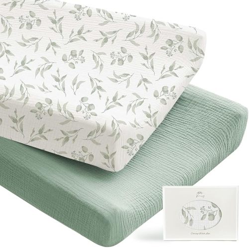 Konssy 2 Pack Muslin Changing Pad Covers for Boys, Ultra Soft & Breathable Cotton Baby Diaper Changing Table Covers, Neutral Nursery Diaper Changing Pad Sheets (Fog Green,Cream)