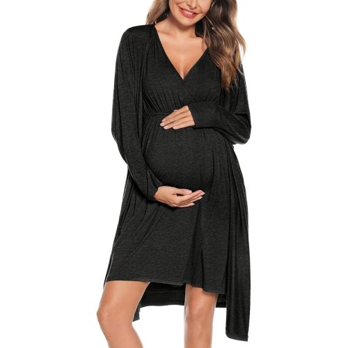 SWOMOG Women Maternity Nursing Gown and Robe Set 3 in 1 Labor Delivery Nursing Nightgown for Breastfeeding Hospital Bathrobe