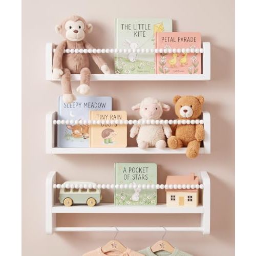 Maxpeuvon Nursery Book Shelves for Wall, White Floating Shelves Set of 3 | Natural Wood Nursery Shelves, with Towel Bar, Storage Shelf for Books, Toys and Decor, for Kids Room, Bedroom, Living Room