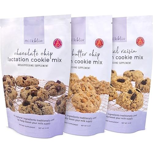 MIlkBliss Lactation Cookie Mix Three Pack of Chocolate Chip, Peanut Butter Chip, and Oatmeal Raisin for Breast Milk Supply Increase- 15 oz bags