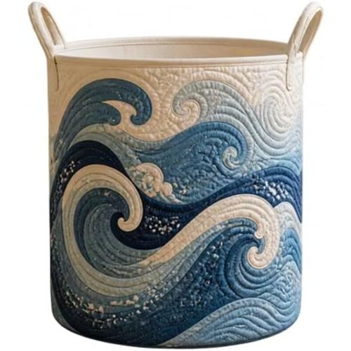Ocean Wave Print Quilted Laundry Hamper Fabric Storage Basket for Bathroom (16 x 22 inches)