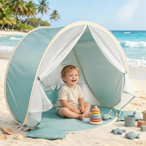 Baby Beach Tent, Pop Up Baby Tent with UPF 50+ UV Protection (Dusty Blue) | 37"x29"x33" Baby Sun Shade, 1.2lbs Lightweight, Sand-Proof Mesh Door, 4 Steel Stakes & Carry Bag