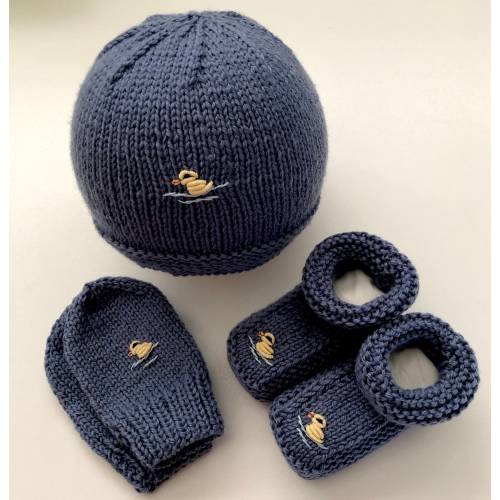 Hand-Knitted Merino Baby Set in denim blue with Embroidered Duck - Booties, Hat & Mittens