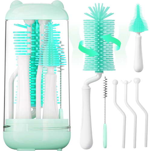 Baby Bottle Brush Set with UV Sterilizer, Bottle Cleaner Kit with Silicone Brush, Nipple Brush, Straw Brush, Bottle Drying Rack, BPA-Free Baby Bottle Cleaner for Newborn Essentials (Green)