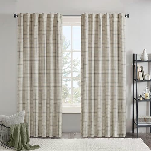 Madison Park Window Curtain for Living Room Thermal Insulated Fleece Lining, Cabin Plaid Curtain Room Darkening Window Drape Bedroom, Anaheim, 1-Single Panel Pack, 50" x 84" Rod Pocket, Linen Blue