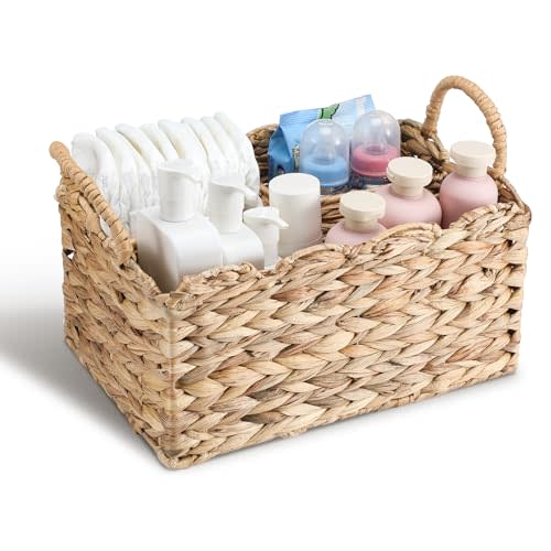Chunful Wicker Diaper Caddy Organizer Scalloped Edge Rattan Basket with Dividers 9.5 x 13.5 x 7 Inch Woven Natural Basket Storage Organizer Handmade for Baby Shower Gifts Newborn Storage
